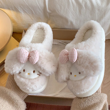 2026 Cute Bow Cat Cartoon Plush Slippers Women Men Winter Warm Thick Sole House Shoes Indoor Fuzzy Comfortable Soft Home Slides