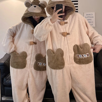 DAIMELU bear cartoon sleepwear long sleeved pajamas men winter thickened warm coral fleece flannel one-piece male loungewear set