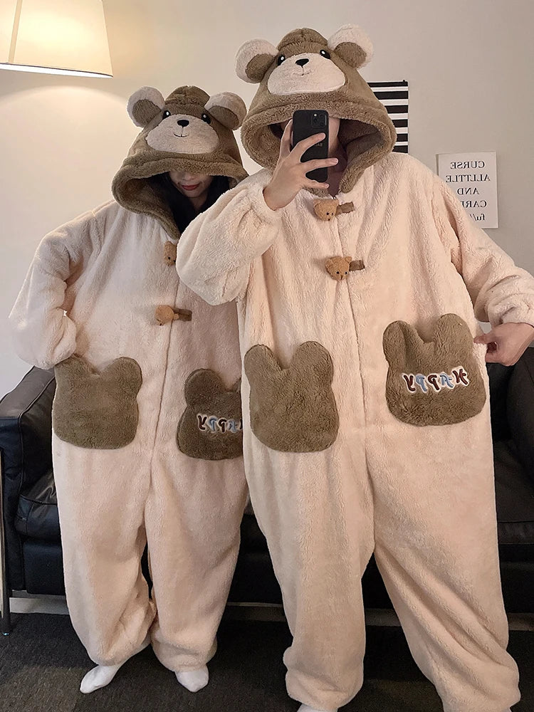 DAIMELU bear cartoon sleepwear long sleeved pajamas men winter thickened warm coral fleece flannel one-piece male loungewear set