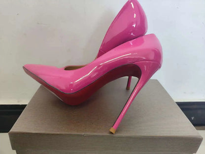 Sizes 48 Classic Style Women Patent Pointed Toe Slip On 12cm High Heel Shoes Elegant Ladies Plain Stiletto Pumps Black Red White