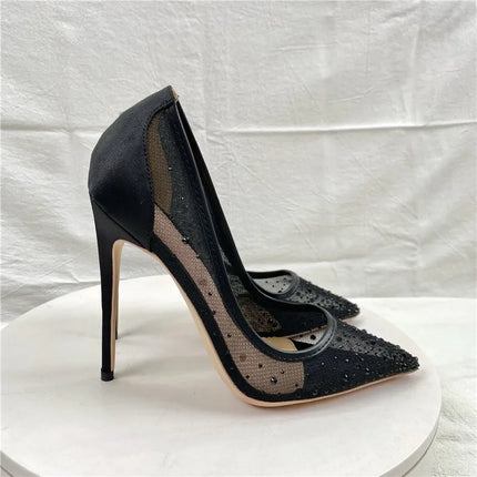 Scarpe con strass in rete traspirante Donna 8CM 10CM 12CM Décolleté a spillo Moda Punta a punta Serata estiva Tacchi alti Nero