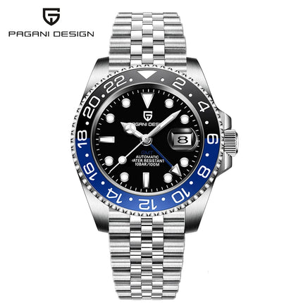 TOP PAGANI DESIGN PD1662 GMT Orologio meccanico automatico da uomo Cinturino in acciaio inossidabile Anello in ceramica blu Quadrante bianco Resistente all'acqua fino a 100 m Orologi da polso sportivi da uomo luminosi per uom