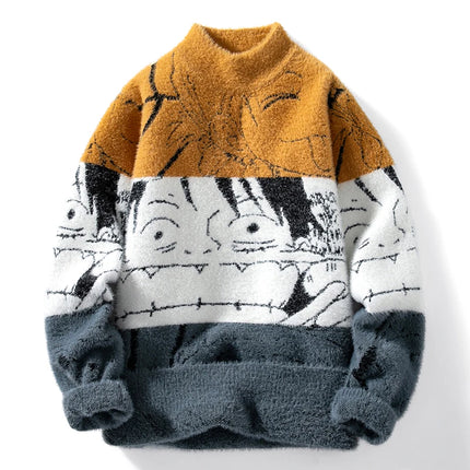 Mink Plush Thickened Round Neck Sweater New Men's Autumn Winter Loose Print Patchwork Fashion Knitted Sweater Long Sleeved Tops