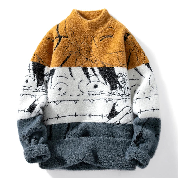 Mink Plush Thickened Round Neck Sweater New Men's Autumn Winter Loose Print Patchwork Fashion Knitted Sweater Long Sleeved Tops