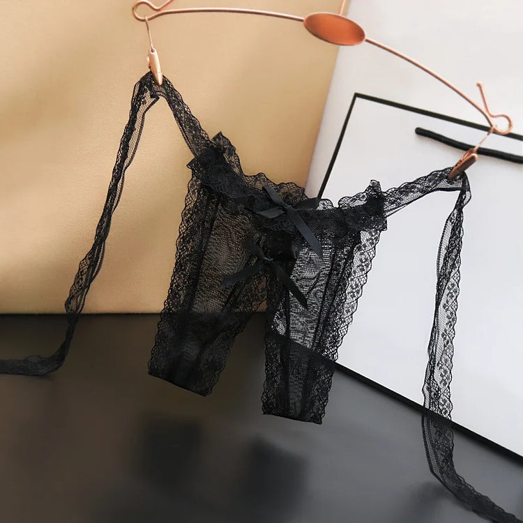 Women's Transparent Lace Thong Crotchless Open Range Underpants for Female Woman Sexy Howllout Laced Up Bowknot Panties Briefs