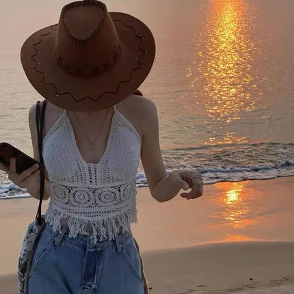 Sexy Boho Beach Holiday Canotta Halter Donna Crochet Maglia Costume da bagno Reggiseno Backless Vest Hollow Nappa Canotta Crop Top da donna platinumshop