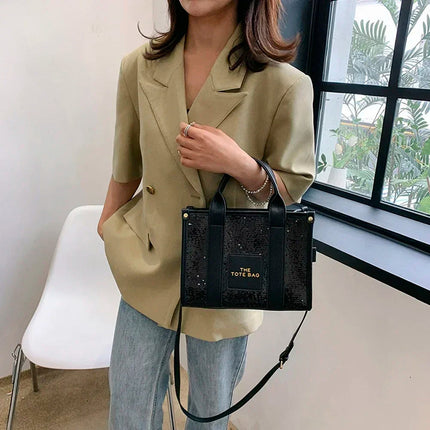 Sequins Top-Handle Bags Fashion PU Leather Shoulder Bag Large Capacity Travel Handbag Women Trendy Casual Satchel Tote Purse PlatiNum
