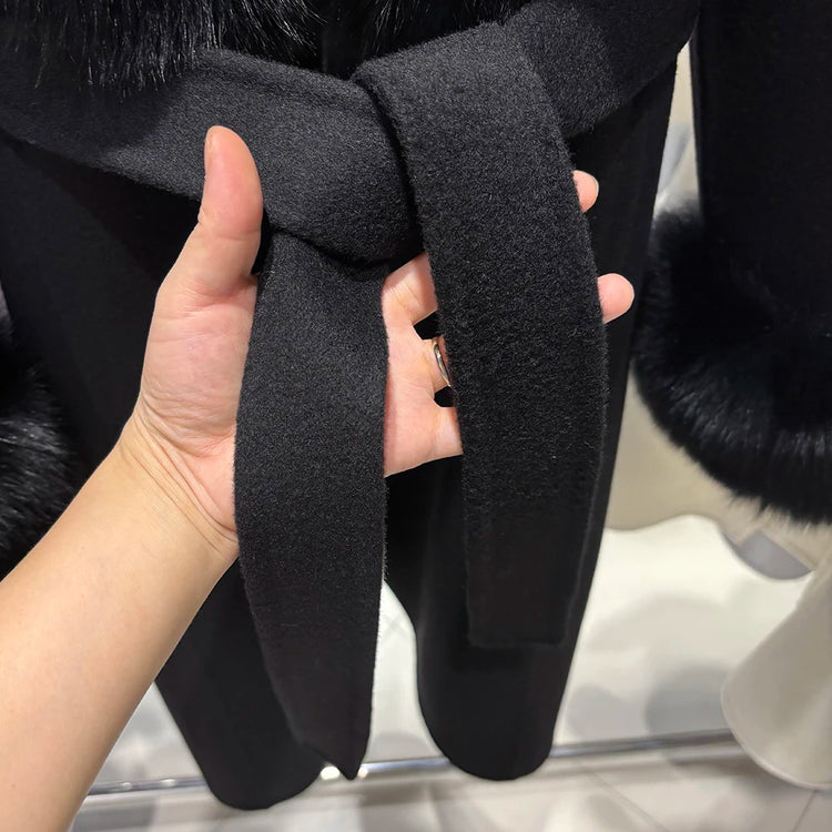YOLOAgain Women's 100% Wool Coat Long With Detachable Real Fox Fur Collar 2025 Autumn Elegant Double-Sided Wool Coat