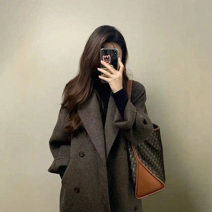 Grey Double-sided Cashmere Coat Women's 2026 Winter New Korean Version Loose Thick Down Woolen Coats Solid Casual Long Overcoat