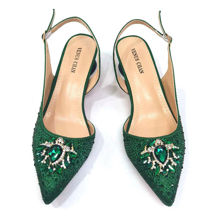 Venus Chan Royal Blue Sandals for Women 2024 Luxury Wedding Pumps Med Heels strass Design Party Shoes and Bags Set