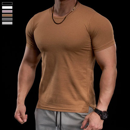 Men's gym fitness workout clothing slim fit short sleeve breathable high elasticity sports T-shirt, running sports