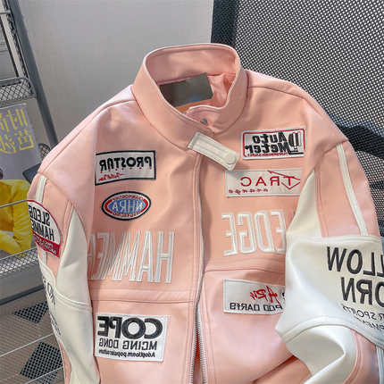 Gmiixder Motorcycle Leather Jacket Unisex High Street Hiphop Pink Bomber Jacket American Vibe Workwear Letter Baseball Uniform