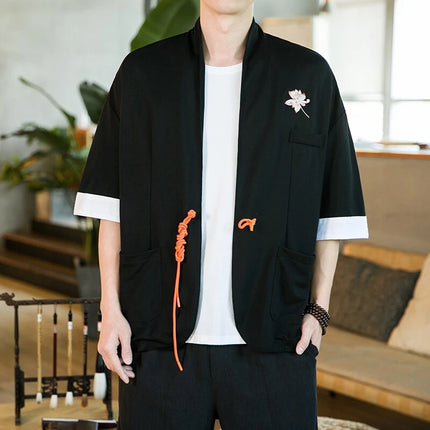 Nuova Camicia Giapponese da Samurai Ricamata in Cotone e Lino da Uomo, Vestibilità Ampia, Stile Retrò Tradizionale, Casual, Traspirante, Confortevole ed Elegante