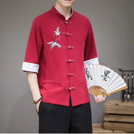 Camicie con ricamo gru Abbigliamento tradizionale cinese vintage Mezza manica da uomo in lino Solido colletto Madarin Cardigan Hanfu Kungfu