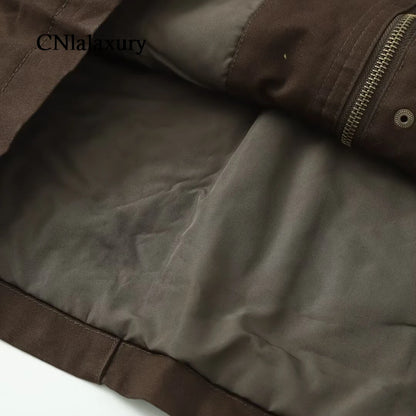 CNlalaxury Women 2025 Autumn New Fashion Contrast Collar Long Sleeve Jacket Casual Warm Coat High Street Outerwear Mujer