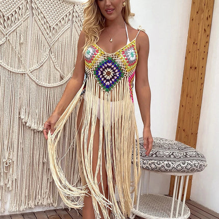 Costume da bagno da spiaggia da donna sexy lavorato a maglia all'uncinetto con nappe, gonna di media lunghezza, bikini da spiaggia a blocchi di fiori, copricostume da donna platinumshop