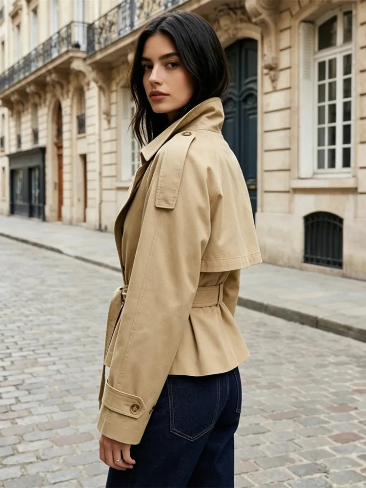 Belted Waist Cropped Trench Jackets Women Double Breasted Stand Collar Coats 2025 Autumn Chic Casual Vintage Jacket Women Cloth