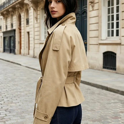 Belted Waist Cropped Trench Jackets Women Double Breasted Stand Collar Coats 2025 Autumn Chic Casual Vintage Jacket Women Cloth