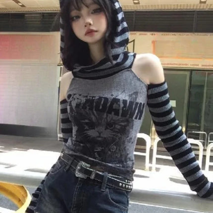 Japanese Gothic Vintage Punk Women Hoodie Striped Patchwork Cat Print Hollow Out Slim Long Sleeve Soft Pullovers 2025 Autumn New