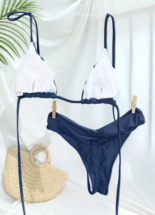 Set Bikini Sexy con Pieghe, Micro Bikini Tinta Unita, Costume da Bagno Femminile a Triangolo, Abbigliamento da Spiaggia platinumshop