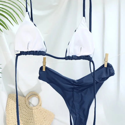 Set Bikini Sexy con Pieghe, Micro Bikini Tinta Unita, Costume da Bagno Femminile a Triangolo, Abbigliamento da Spiaggia platinumshop