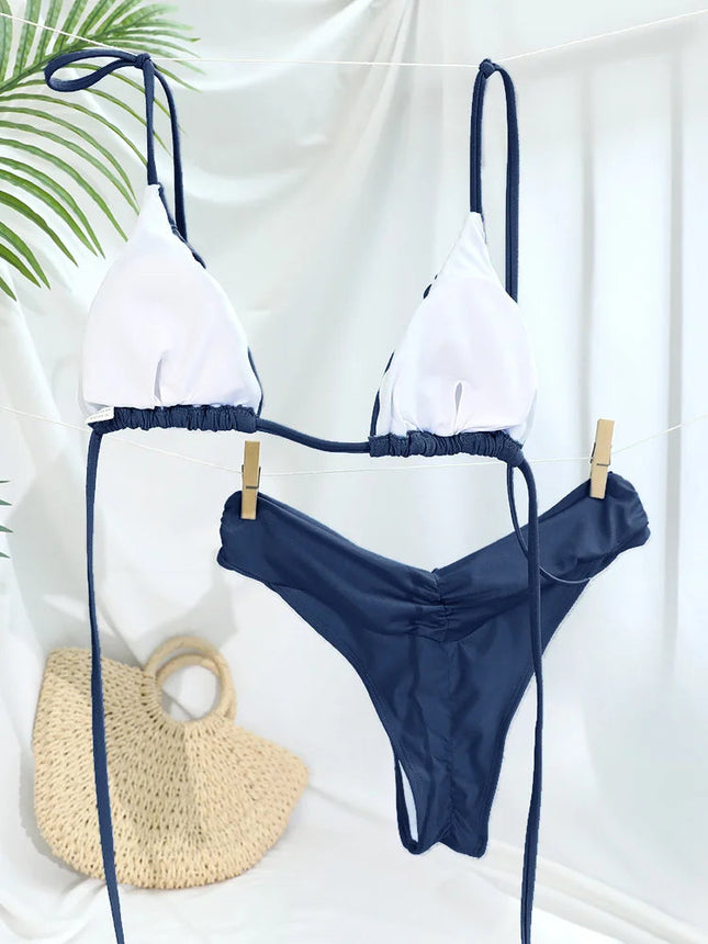 Set Bikini Sexy con Pieghe, Micro Bikini Tinta Unita, Costume da Bagno Femminile a Triangolo, Abbigliamento da Spiaggia platinumshop