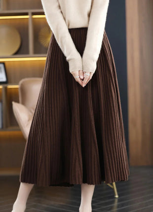 100% Merino Wool Women’s Knitted Skirt Spring Autumn Winter  Long Pleated Grace Skirts High Waist A-Line Cashmere Comfortable PlatiNum