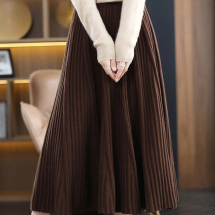 100% Merino Wool Women’s Knitted Skirt Spring Autumn Winter  Long Pleated Grace Skirts High Waist A-Line Cashmere Comfortable PlatiNum