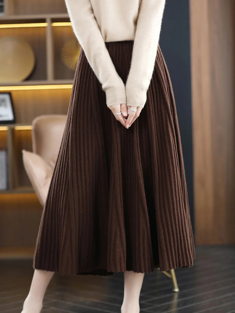 100% Merino Wool Women’s Knitted Skirt Spring Autumn Winter  Long Pleated Grace Skirts High Waist A-Line Cashmere Comfortable PlatiNum