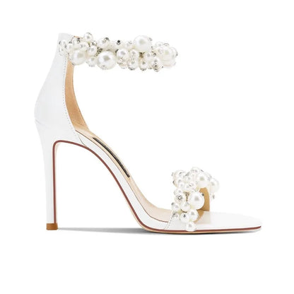 Summer new leather pearl ribbon sexy open-toe wedding shoes thin high-heeled banquet dress small size bag heel women's sandals