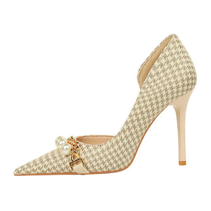 BIGTREE Scarpe 2026 Primavera Donna Pompe Catena di metallo perlato Tacchi alti Grana a quadri Tacchi a spillo Tacchi da donna Scarpe da banchetto di lusso 43 platinumshop
