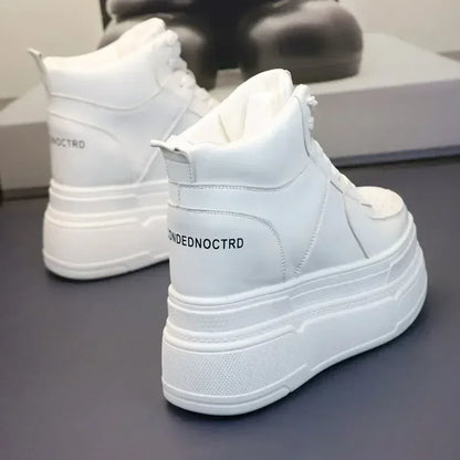 10CM 12CM 14CM High Top Leather Women Autumn Spring Platform Wedge Women Fashion Sneakers Chunky Shoes Vulcanize Skateboard - PlatiNum