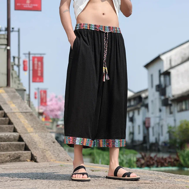 Pantaloncini kimono giapponese Costume da samurai in lino da uomo Ukiyo-e Cintura con stampa Pantaloni a gamba larga Retro Haori Pantaloni casual larghi Harajuku da uomo