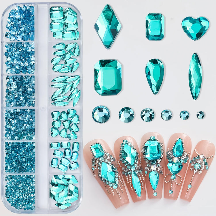 12 Grids Mixed Size Nail Rhinestones SS6 to SS30 Shiny Clear Gold Pink Blue Flat Back Glass Gems for DIY Nail Art Manicure Decoration Supply