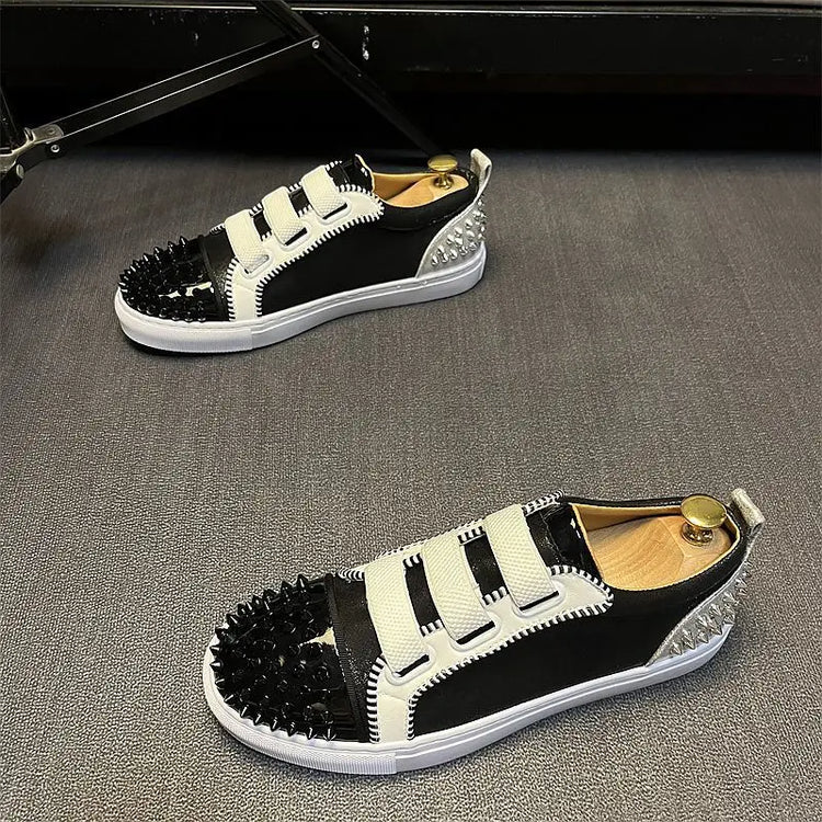 Sneaker Casual Men Designer Rivet Board Shoes Fashion Split Leather Upper Flat Platform White Shoes High Top Nightclub Shoes