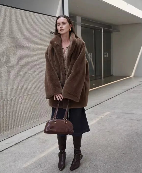 Women's Brown Plush Faux Fur Coat Funnel Neck Drawstring Waist Mid-Length Thick Winter Warm Elegant Luxe Chic Outerwear