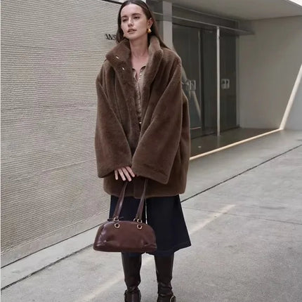Women's Brown Plush Faux Fur Coat Funnel Neck Drawstring Waist Mid-Length Thick Winter Warm Elegant Luxe Chic Outerwear