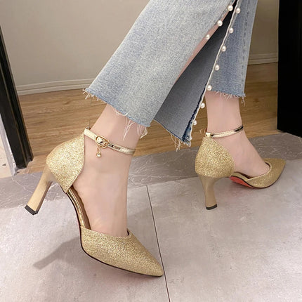 Bling Gold Silver Women Pumps 2023 Sexy Point Toe Thin Heel Party Wedding Shoes Womens Summer Ankle Strap 8cm High Heels Shoes PlatiNum