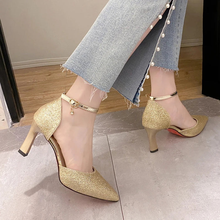 Bling Gold Silver Women Pumps 2023 Sexy Point Toe Thin Heel Party Wedding Shoes Womens Summer Ankle Strap 8cm High Heels Shoes PlatiNum