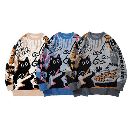 2026 Spring/Summer Men's and Women's Retro Cartoon Pattern Knitted Sweater - Loose and Comfortable Long-Sleeved Knitted Sweater