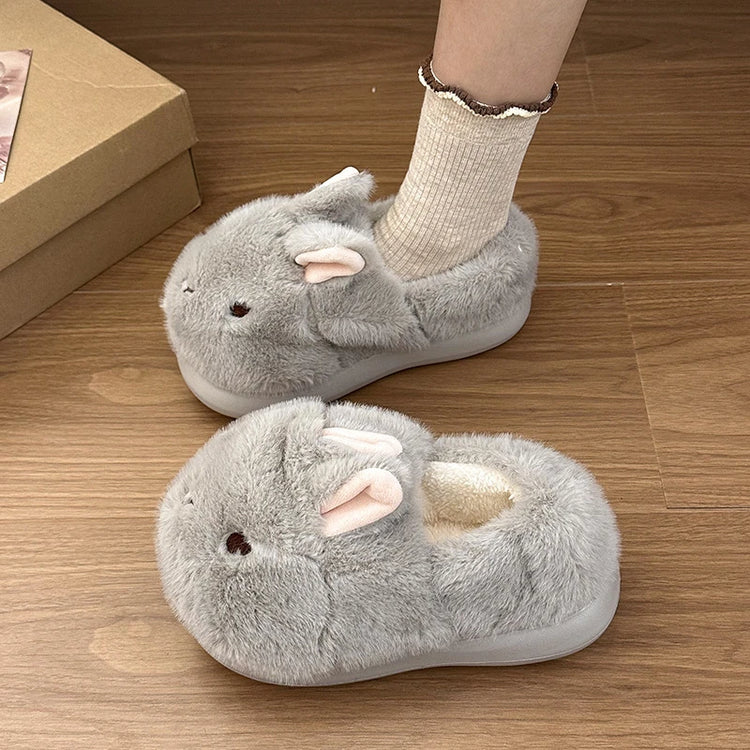 New Cute 3D Rabbit Furry Slippers Women Winter Warm Plush Closed Back House Shoes Non Slip Bunny Indoor Flip Flops Home Slipper