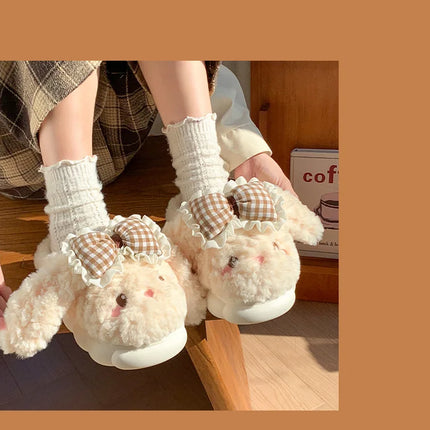 2026 New Women's Cotton Bow Bunny Slippers Winter Indoor Home Warm Household Wool Cotton Shoes Women Wear Indoor Winte