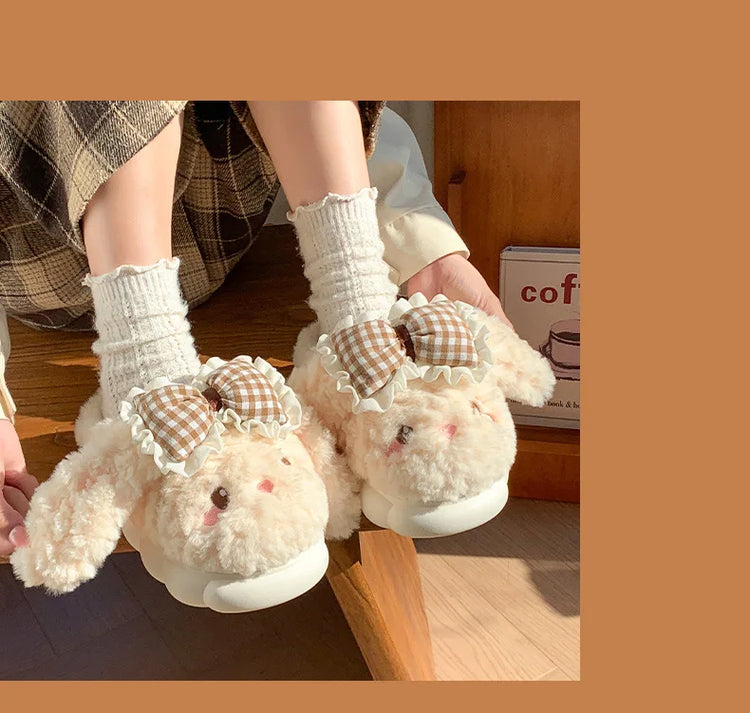 2026 New Women's Cotton Bow Bunny Slippers Winter Indoor Home Warm Household Wool Cotton Shoes Women Wear Indoor Winte