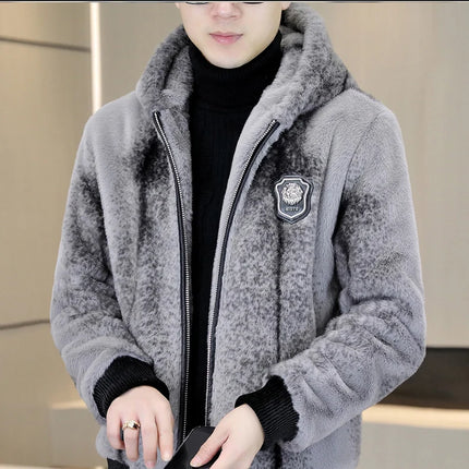 Autumn Winter Faux Fur Hooded Jacket Men Fashion Social Faux Mink Fur Casual Business Jacket Thick Warm Outdoor Windproof Coat