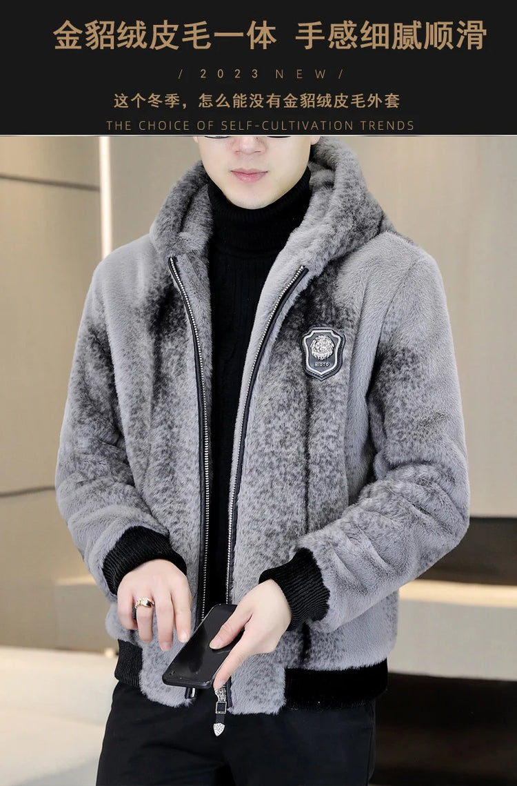 Autumn Winter Faux Fur Hooded Jacket Men Fashion Social Faux Mink Fur Casual Business Jacket Thick Warm Outdoor Windproof Coat