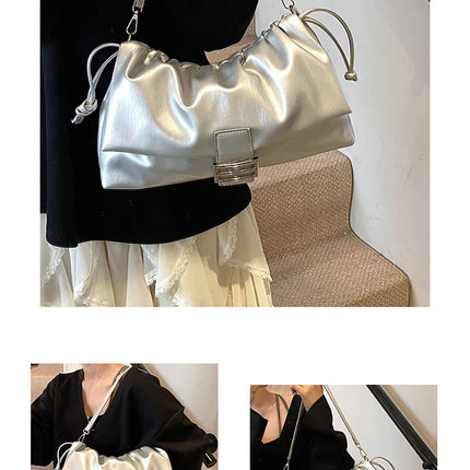 Women's Large Capacity Casual Single Shoulder Bag Soft Leather Cloud Pleated Drawstring Tote Bag Fashion Versatile Underarm Bag