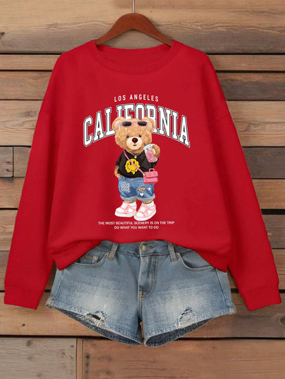 Little Bear Drinking Milk Tea Printed Women Pullover O-Neck Loose Streetwear Casual Autumn Clothes Fleece All-Match Sweatshirt