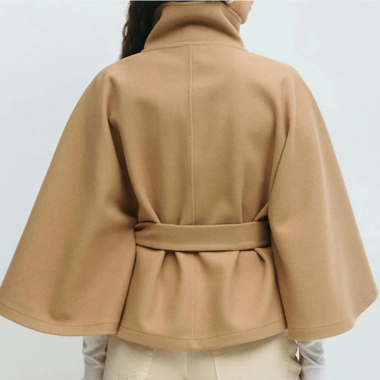 Women Lace Up High Neck Jackets For Women With Belt Elegant Windbreaker Faux Wool Blends Cape Street  Solid Windbreaker Cloak