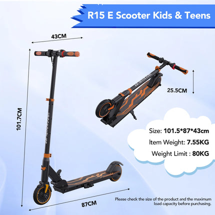Monopattino elettrico RCB R15 per bambini da 8-16 anni, per bambini fino a 8 kg, pieghevole, doppio sistema frenante, autonomia massima 16 km