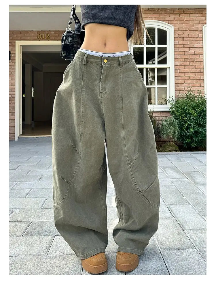 HOUZHOU Y2K Vintage Wash Donna Cargo Jeans Harajuku Scimitar Gamba larga Pantaloni in denim retrò americani Pantaloni larghi Gyaru Streetwear